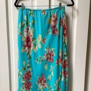 Aqua midi skirt with red flowers, lined, size 14
